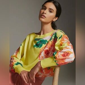 Daily Practice by Anthropologie Wide-Neck Floral Print Sweatshirt Yellow Size XL
